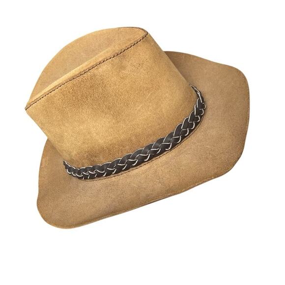 Head N Home “Duke” Suede Leather Hat, Unisex,  Leather banded Trim/Feather, Tan - Picture 4 of 8